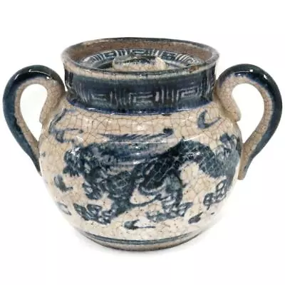 Antique Chinese Dragon Crackle Glazed Ceramic Blue & Handle Lidded Pot 3 3/4  • $179.99