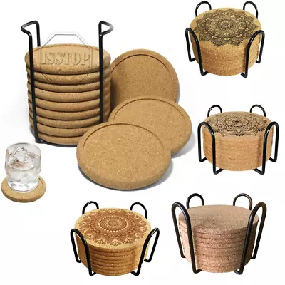 $12.04 • Buy Cork Coasters W/ Holder Drink Tea Coffee Absorbent Round Cup Pad Mat Table Decor