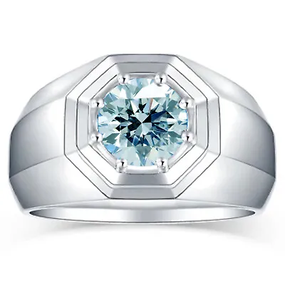 2.06 Ct Vvs1  :Round Blue White Moissanite Diamond Octagon Men's 925 Silver Ring • $5.59