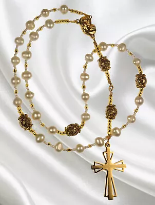 Anglican Rosary Handmade Freshwater Pearls Gold Plated Lava Rock Beads • $77