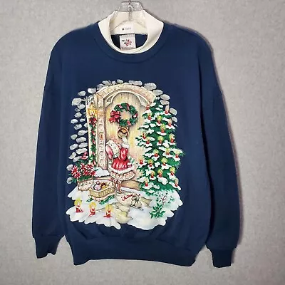 VINTAGE Nut Cracker Women Sweater Large Blue Little Girl Holiday Graphic 80s • $27.91