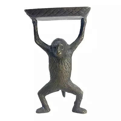 VINTAGE Bronze Brass Monkey Figurine Holding Up A Business Card Tray Holder 7  • $45