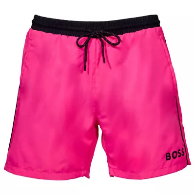 Hugo Boss Men's Starfish Swim Trunks Medium Pink Writing-Logo Swimwear Shorts • $55