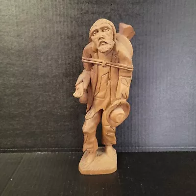 VTG Primitive Wood Sculpture Barefoot Beggar With Hat And Sack Figurine Folk Art • $22