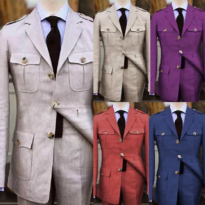 Vintage Men's Suits Safari Jackets Linen Causal Leisure Four Pockets Sports Fit • $84.59