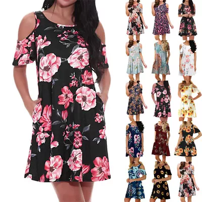 £8.71 • Buy Womens Cold Shoulder Floral Mini Sundress Ladies Summer Holiday Beach Boho Dress