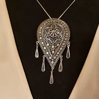Sterling Silver INTRICATE MOROCCAN STYLE Pin And Necklace Teardrop With Dangles • $71.96