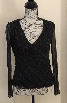 ECI New York Black Long Sleeved Deep V-Neck 100% Silk Blouse Beaded Size 4 • $12