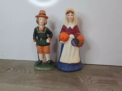 Vintage Hand Painted Ceramic Thanksgiving Pilgrim Man And Woman Figurines 7” • $8.40