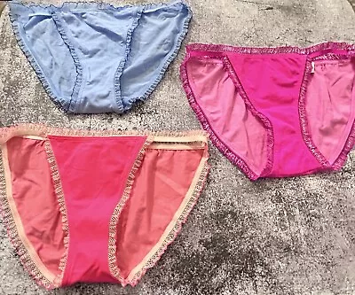 3 NWT Vintage Victoria’s Secret Cotton String Bikini S Pink Peach Blue Ruffle • $44.99