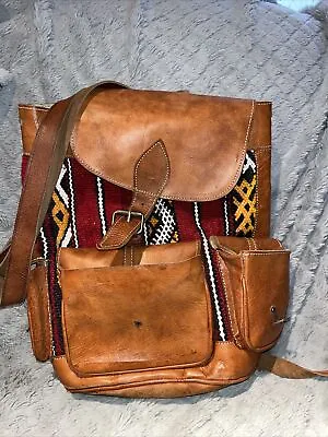 Handcrafted Moroccan Leather Bag Backpack Boho Kilim Wool Carpet Rug READ ISSUES • $40