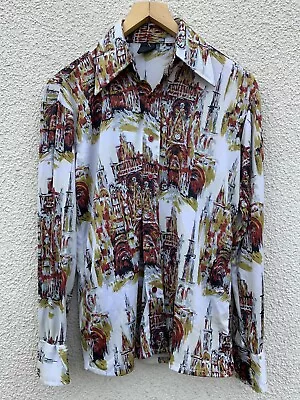 VINTAGE  70’s AHM Slinky JERSEY DISCO SHIRT TOP CITY PRINT RETRO M  • £65