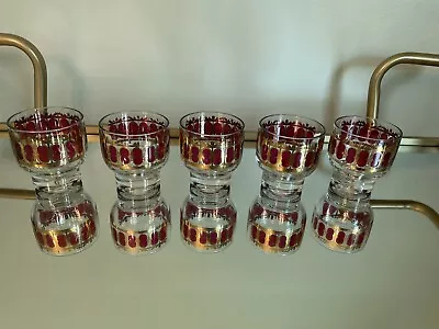 Vintage MCM Culver Cranberry & Gold Scroll Low Ball Cocktail Glasses Set Of 5 • $50