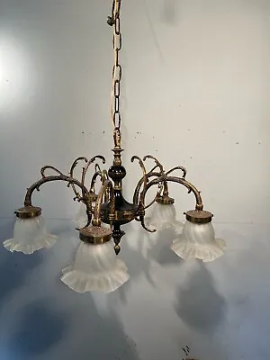 Antique Vintage Bronze Chandelier French Empire 5 Down Light With Fluted Glass • $625