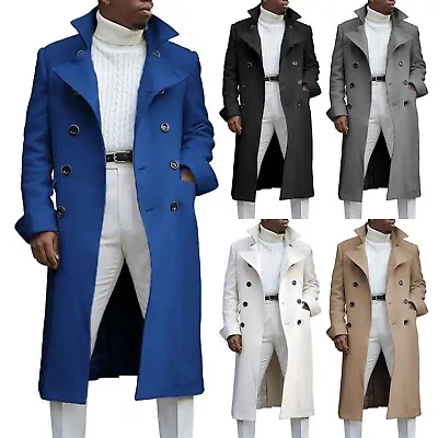 Men's Notch Lapel Double Breasted Long Trench Coat Casual Cotton Blend Peacoat • $67.98