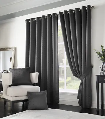 Charcoal Madison Dobby Fabric Squares Lined Eyelet Ring Top Curtains Pair • £84.99