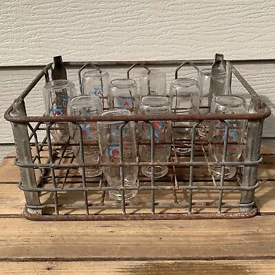 Vintage Marigold Dairy Metal Milk Crate + 10 Half Pint Glass Bottles (Holds 24) • $74.99