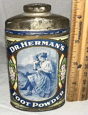 Antique Dr Hermans Foot Powder Medicine Tin Feet Talc Talcum Can Victorian Lady • $14.58