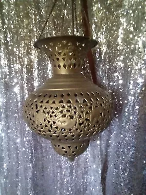 Vintage 3 Matching Brass Pierced Moroccan Mid-Eastern Hanging Lamp Candle Holder • $175
