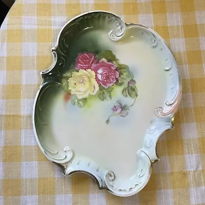 Antique Bavarian Serving Vanity Tray With Pink & Yellow Roses By Johann Seltmann • $15.99