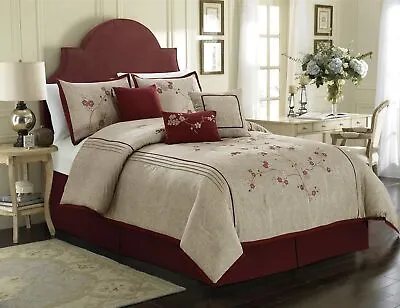 $129.90 • Buy Red Beige Embroidered Floral Blossoms 7 Pc Comforter Set Full Queen Cal King Bed