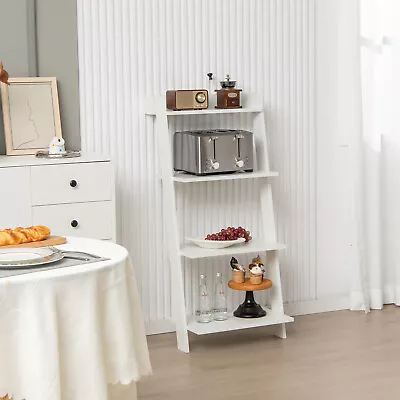 4-Tier Leaning Bookshelf Ladder Shelf W/Anti-falling Baffle Wood Bookcase White • $69.99