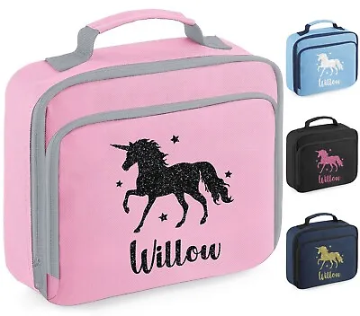 Girls Personalised Glitter Unicorn School Lunch Bag Kids Insulated Dinner Box • £10.45