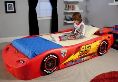Boys Race Car Bed Lightning McQueen Red Twin With Spoiler Side Rails And Decals • $424.88