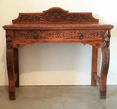 $3995 • Buy Antique Table Foyer Entry Table Beautiful Hand Carved Wood Large Center Drawer