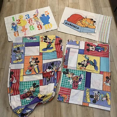 4 Pc Mickey Mouse Vintage Twin Sheet Set W/ Garfield & Sesame Street Pillowcases • $44