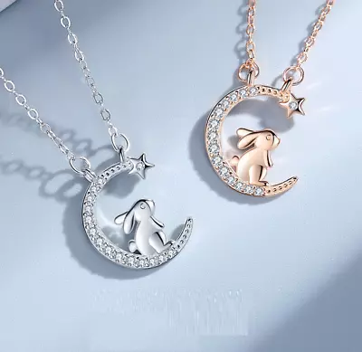 Titanium Silver/Rose Gold Moon & Rabbit Bunny Pave CZ Pendant Chain Necklace • $9.99