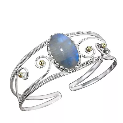 925 Sterling Silver Rainbow Moonstone Cuff Bangle Adjustable Unique Gift For Her • $30.89
