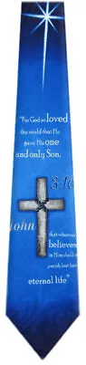 $10.95 • Buy Men's Black Navy Blue Religious Necktie John 3:16 Cross Shinning Star