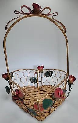 Lovely Woven Basket Base With Metal Roses In A Heart Shape With Handle • $12.95