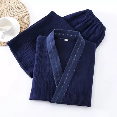 Men Cotton Kimono Pajamas Set Sleepwear Japanese Yukata Bathrobe Robe Pants Set  • £37.19