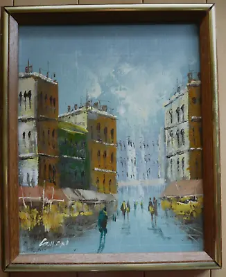 Vintage Street Scene Oil Painting Signed Market Scene Cityscape Modernist Mod • $198