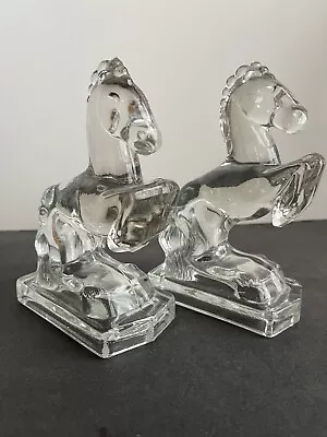 L.E. Smith Glass Horse Art Deco Bookends Pair Rearing Stallions Clear Vintage • $24.98