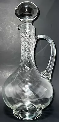 Decanter Clear Glass W/ Swirls Solid Clear Handle & Globe Stopper Vintage/Retro • $27.65