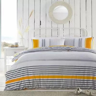 Duvet Set Quilt Cover Pillow Cases Stripes Ochre Yellow Grey Reversible Bedding • £22.49