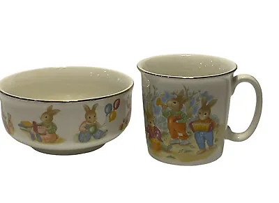 Mount Clemens Pottery L'il Bunny Rabbit Childs  Bowl Cup Dishes Gold  Trim • $23.75