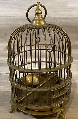 Vintage Brass Bird Cage Hanging Or Table Top Made In India Removable Tray 9” • $49