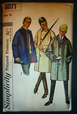 UNCUT VINTAGE 1960's SIMPLICITY SEWING PATTERN 6071 MEN'S COAT/JACKET CHEST 40  • £8.99