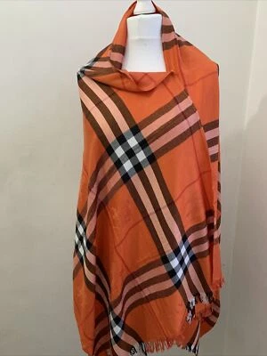 £150 • Buy Burberry Classic Large Orange Cashmere Nova Check Silky Vintage Scarfs Wrap