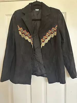 Vintage Black Suede Beaded Fringe Jacket Size 12 Indian Western Southwest • $45