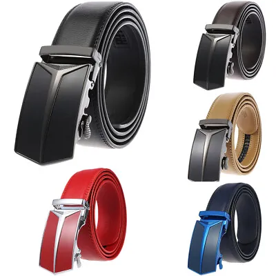 Luxury Men's Cowskin Leather Belt Automatic Buckle Belt Ratchet Strap Gift Jeans • £10.79