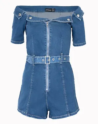 Women Denim Front Zip Belted Off Shoulder Bardot Playsuit Jumpsuit Shorts Pants • £19.90