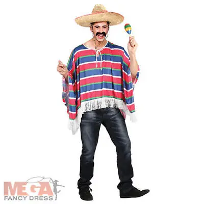 Mexican Poncho + Hat + Tash Mens Fancy Dress Wild Western Bandit Adults Costume • £16.99