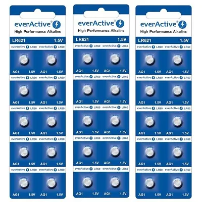 30 X EverActive LR60 Alkaline Watch Batteries 1.5V - LR621 AG1 364 L621 164 363 • £3.49