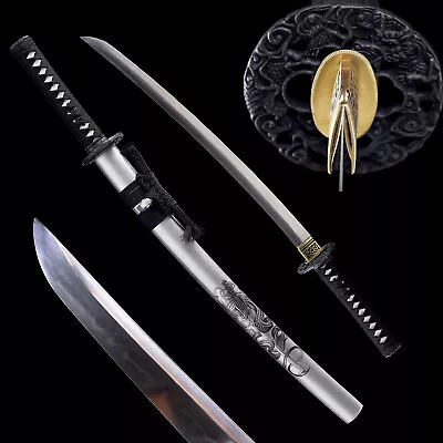 Black Silver Polished Wakizashi Clay Tempered T10 Steel Japanese Samurai Sword • $115.99