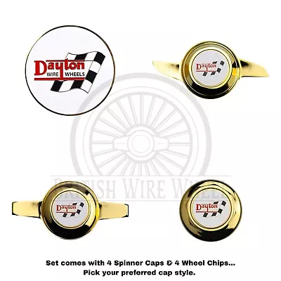 Gold Spinner Caps With Dayton Gold & White Wire Wheel Chip Emblems Set Of 4 • $547.16